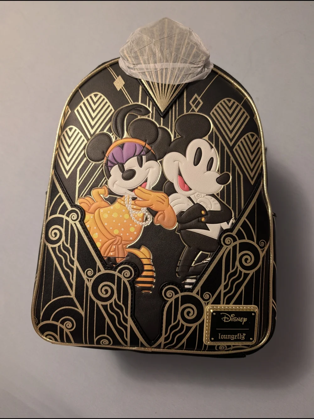 Disney Loungefly Black & Gold Minnie and Mickey Art Deco Backpack